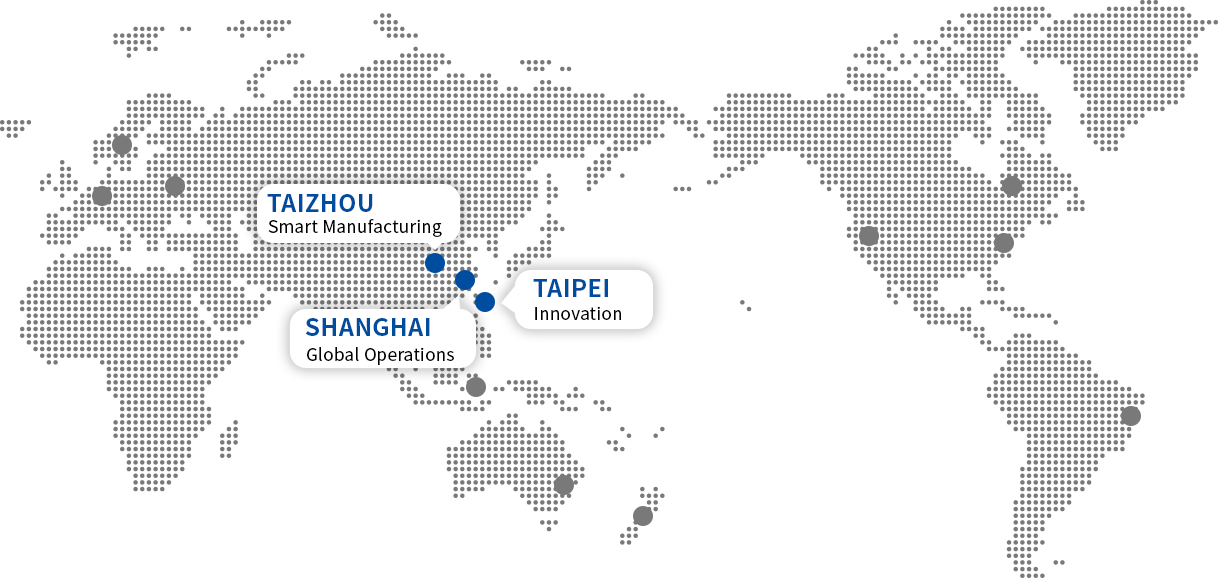 KUPO global operations map showing three strategic locations: Taipei for Innovation, Taizhou for Smart Manufacturing, and Shanghai for Global Operations