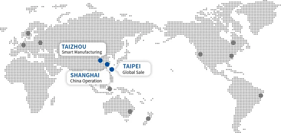 KUPO global operations map showing three strategic locations: Taipei for Innovation, Taizhou for Smart Manufacturing, and Shanghai for Global Operations