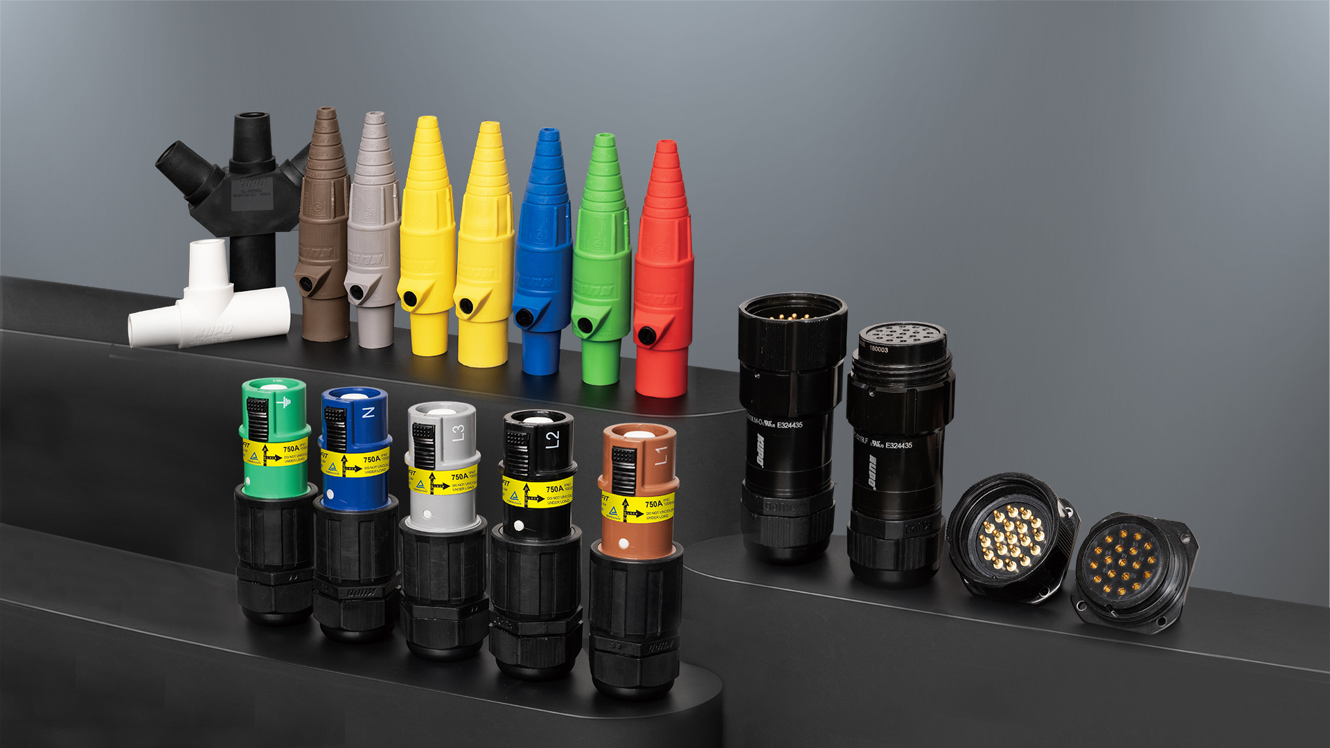 KUPO Power connector product range including K-LOK cam-type connectors, PowerFit 750A single-pole connectors, and Socapex 19-pin multi-pin connectors