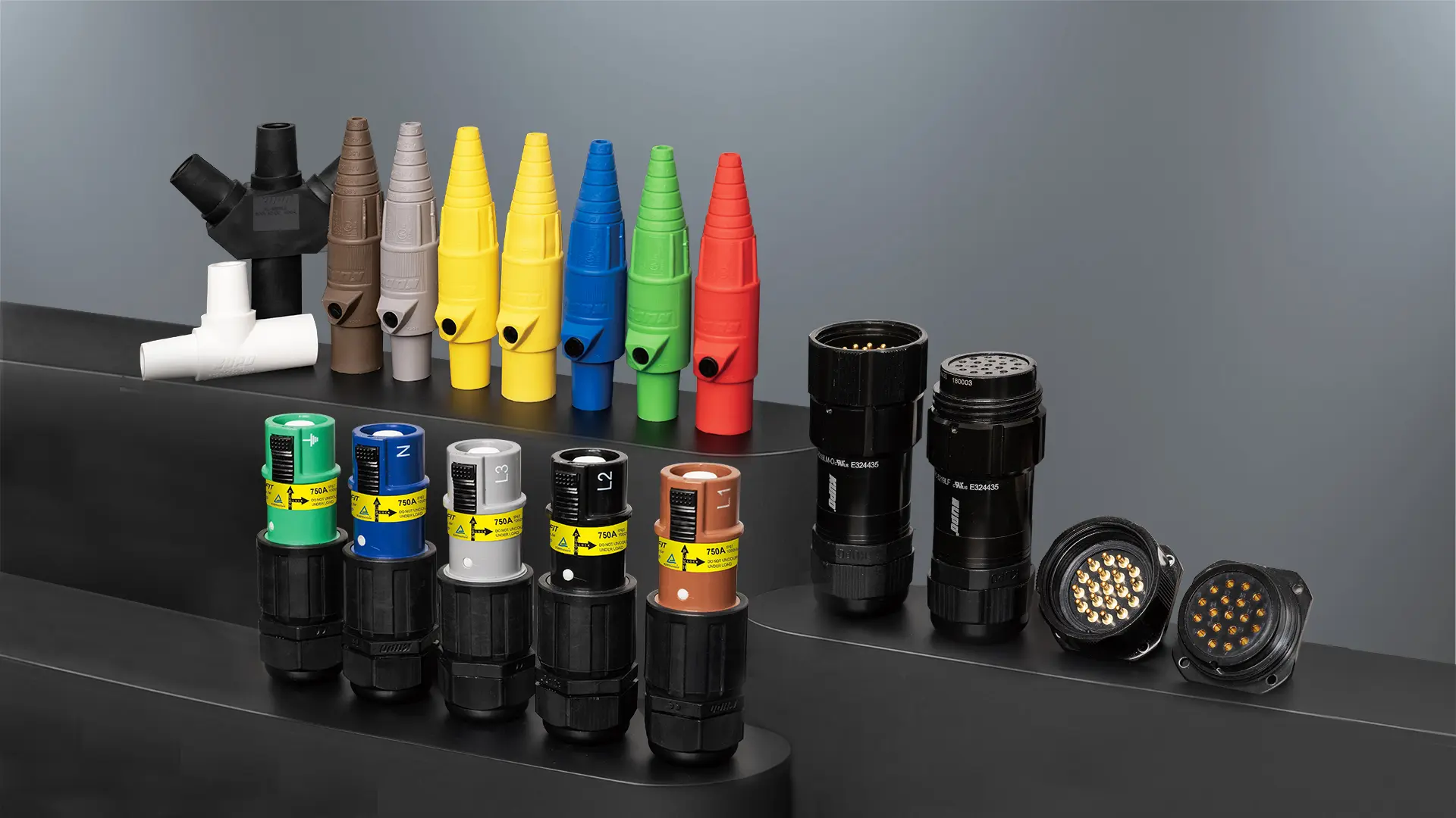 KUPO Power connector product range including K-LOK cam-type connectors, PowerFit 750A single-pole connectors, and Socapex 19-pin multi-pin connectors