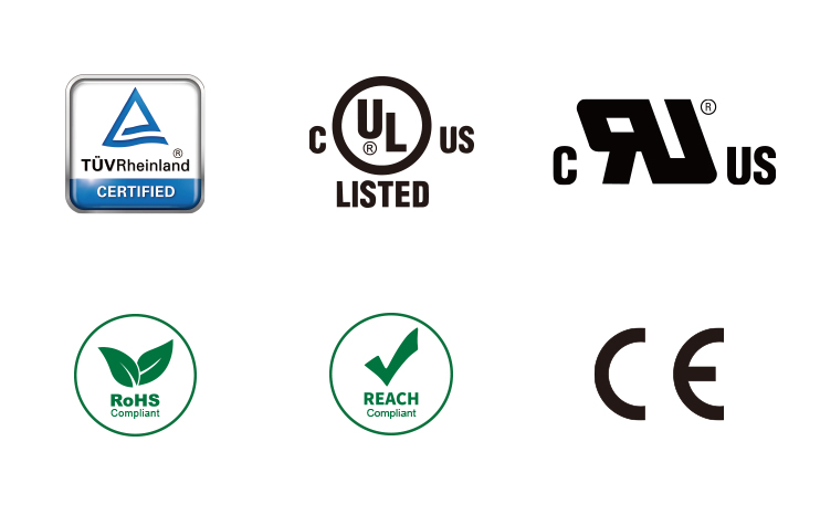 KUPO Power certifications: TUV Rheinland Certified, cUL US Listed, cRU US, RoHS Compliant, REACH Compliant, and CE marked