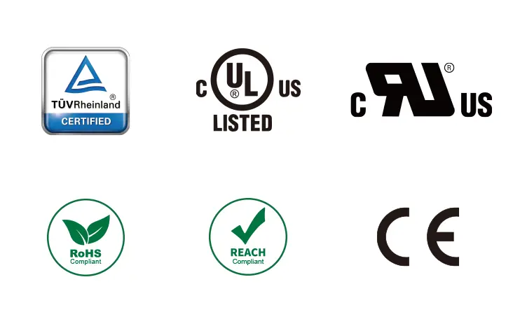 KUPO Power certifications: TUV Rheinland Certified, cUL US Listed, cRU US, RoHS Compliant, REACH Compliant, and CE marked