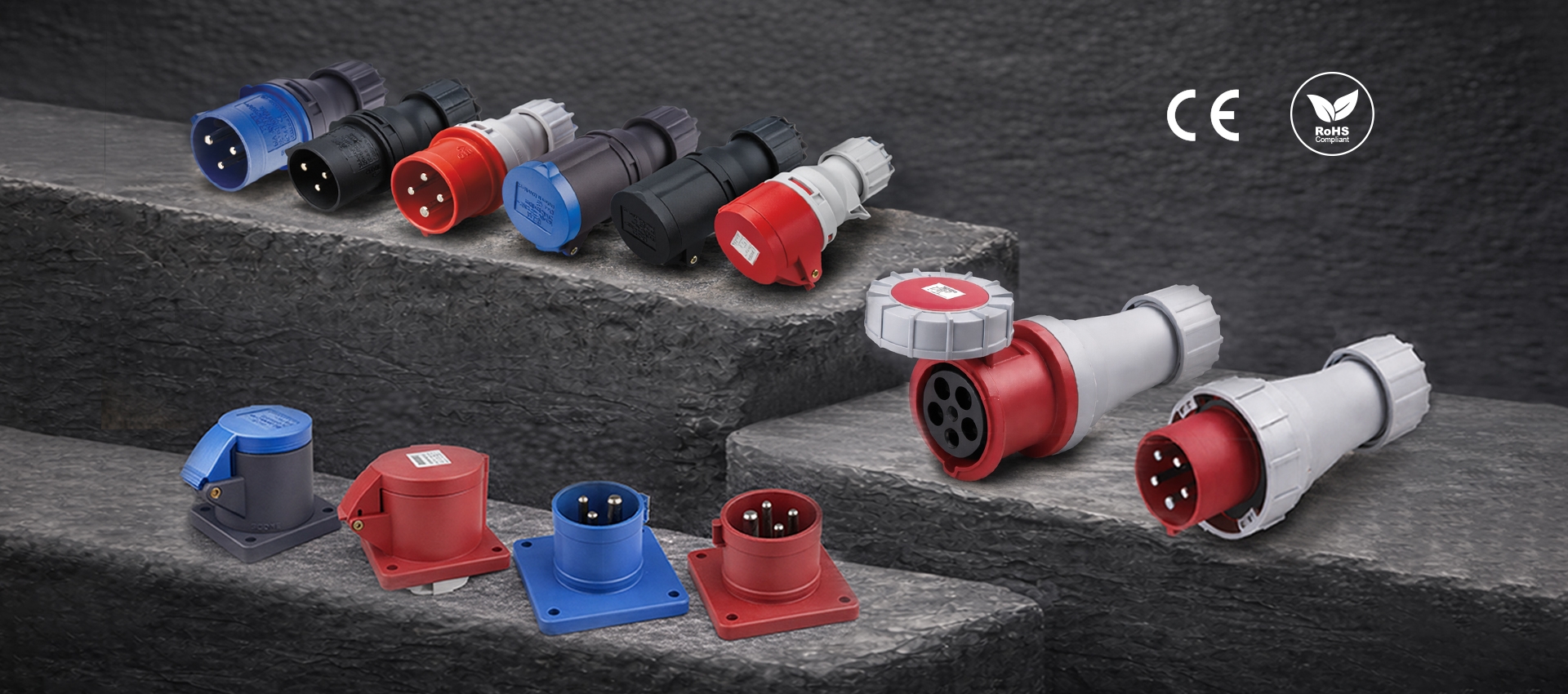 KUPO Power CEE form industrial connectors showing plugs, connectors, receptacles, and inlets in blue, red, and yellow housing colors
