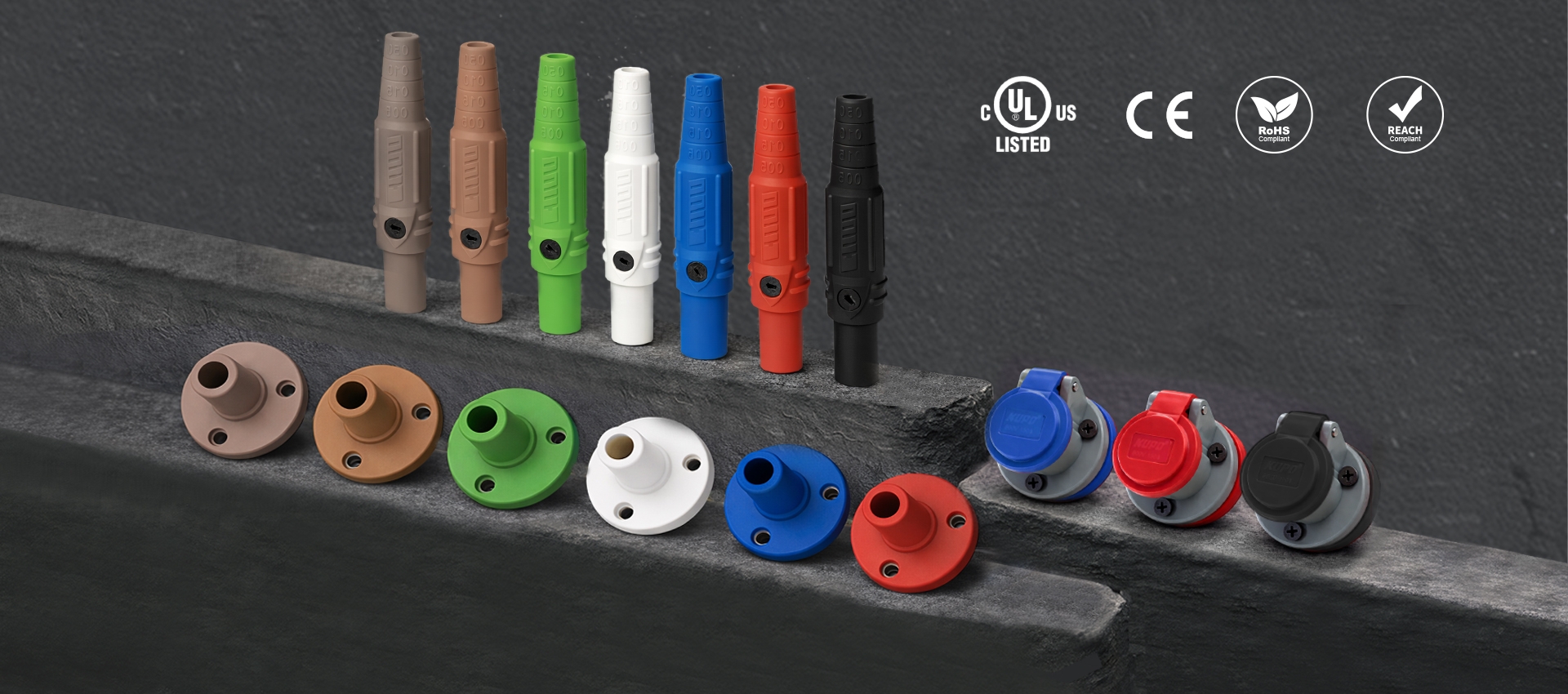 KUPO K-LOK 150A Mini-Cam single-pole cam-type connectors in multiple phase-identification colors