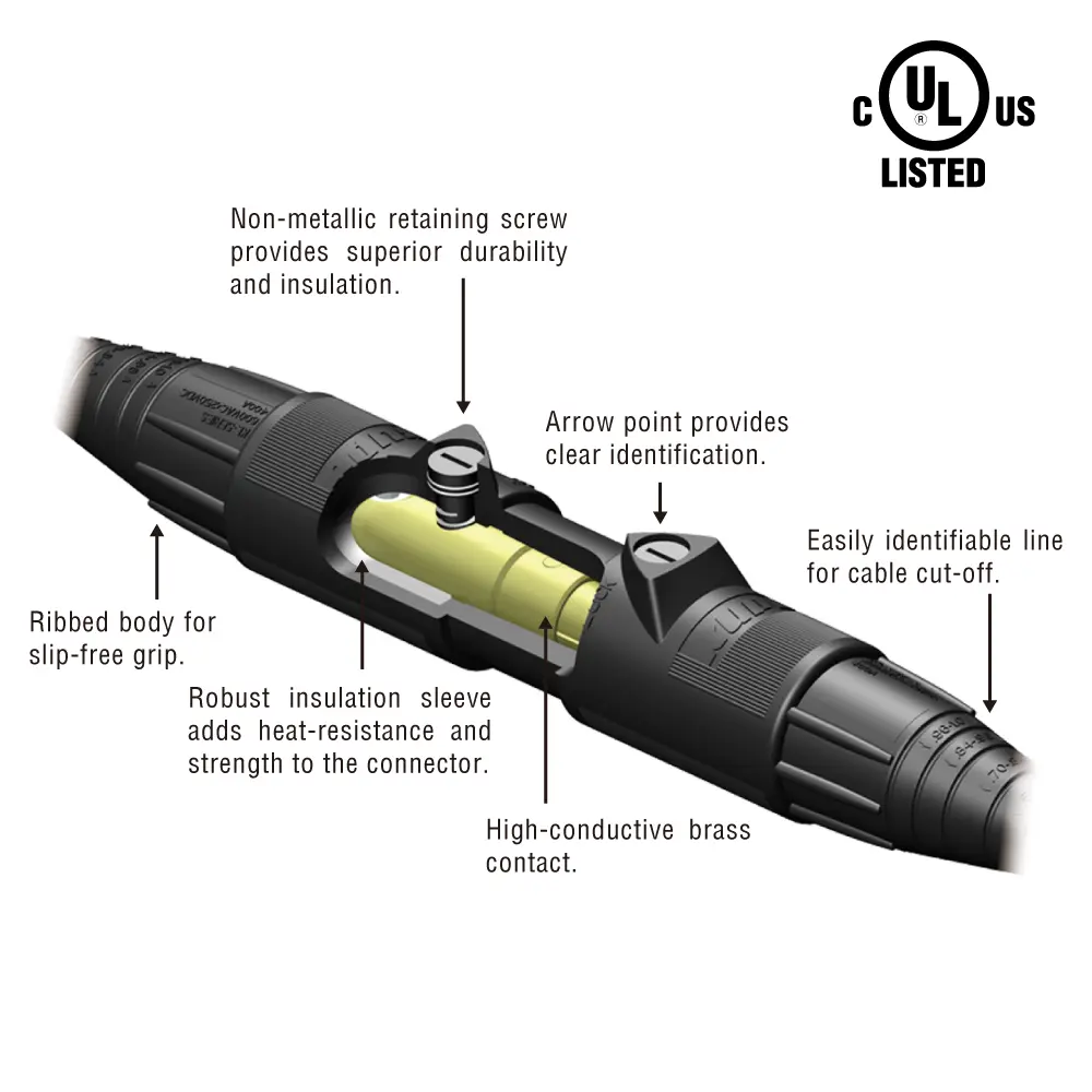 K-LOK 400A cutaway cross-section showing retaining screw, alignment arrow, ribbed grip, insulation sleeve, brass contact, and cable cut-off reference line