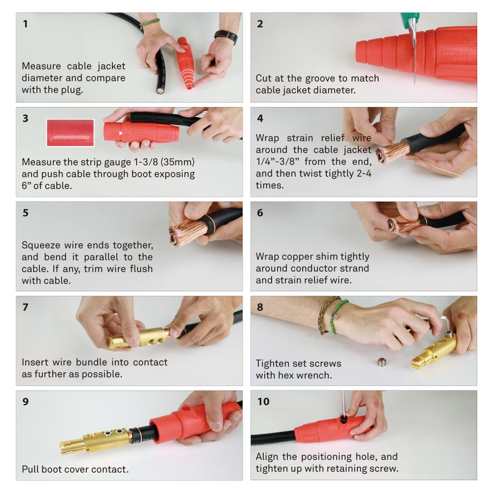 10-step K-Lok 400A inline connector installation guide showing cable preparation,
termination, and retaining screw tightening procedure