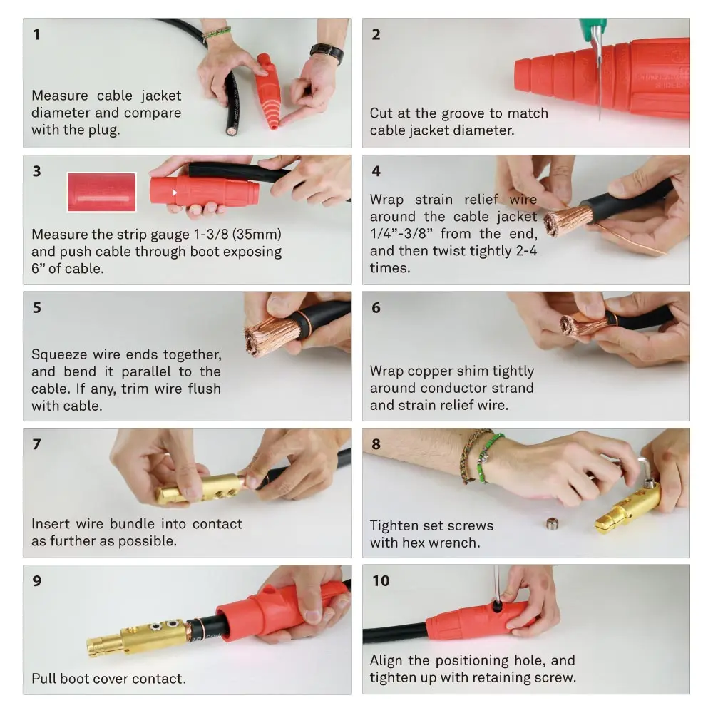 10-step K-LOK 400A inline connector installation guide showing cable preparation, termination, and retaining screw tightening procedure