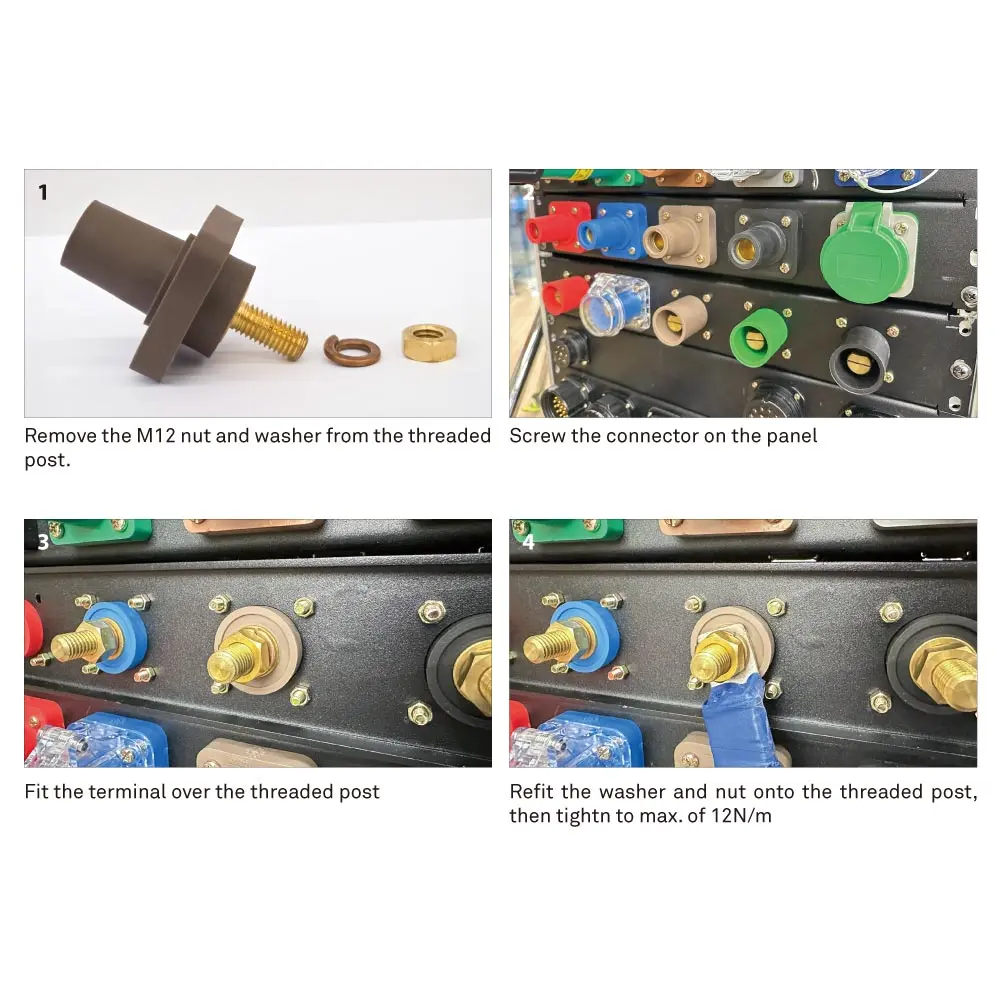 4-step K-LOK 400A panel mount receptacle installation showing M12 stud mounting procedure with 12 N/m torque specification