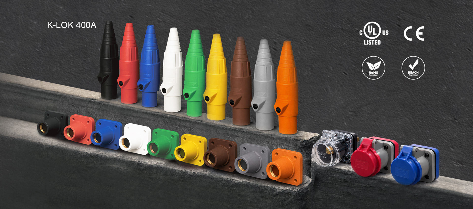 KUPO K-Lok 400A single-pole cam-type connectors in multiple phase-identification colors