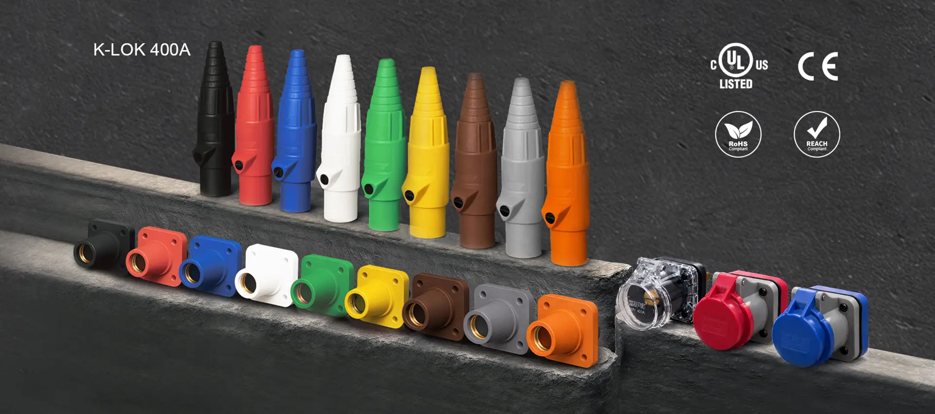 KUPO K-LOK 400A single-pole cam-type connectors in multiple phase-identification colors