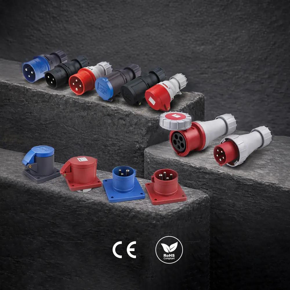 KUPO Power CEE form industrial plugs and connectors in blue and red IP44 housings showing inline and panel mount configurations