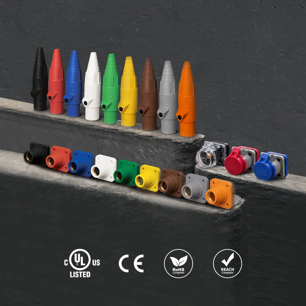 KUPO Power K-LOK 400A single-pole cam-type connector family showing line connectors and panel mount receptacles in multiple phase colors