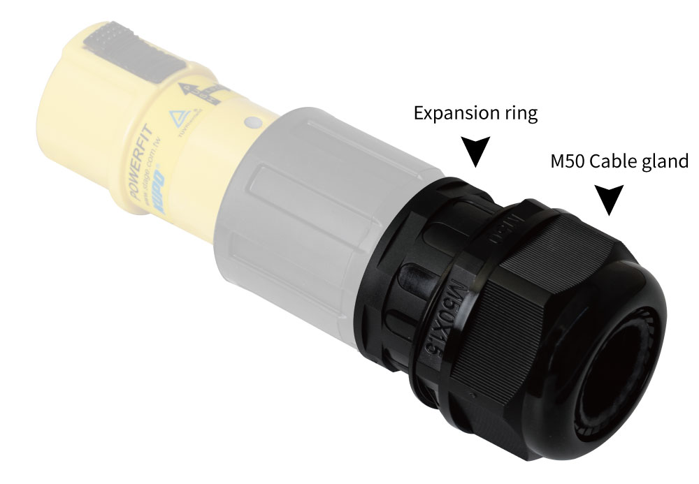 PowerFit cable gland expansion ring application diagram showing M50 cable gland mounted on a PowerFit connector with expansion ring