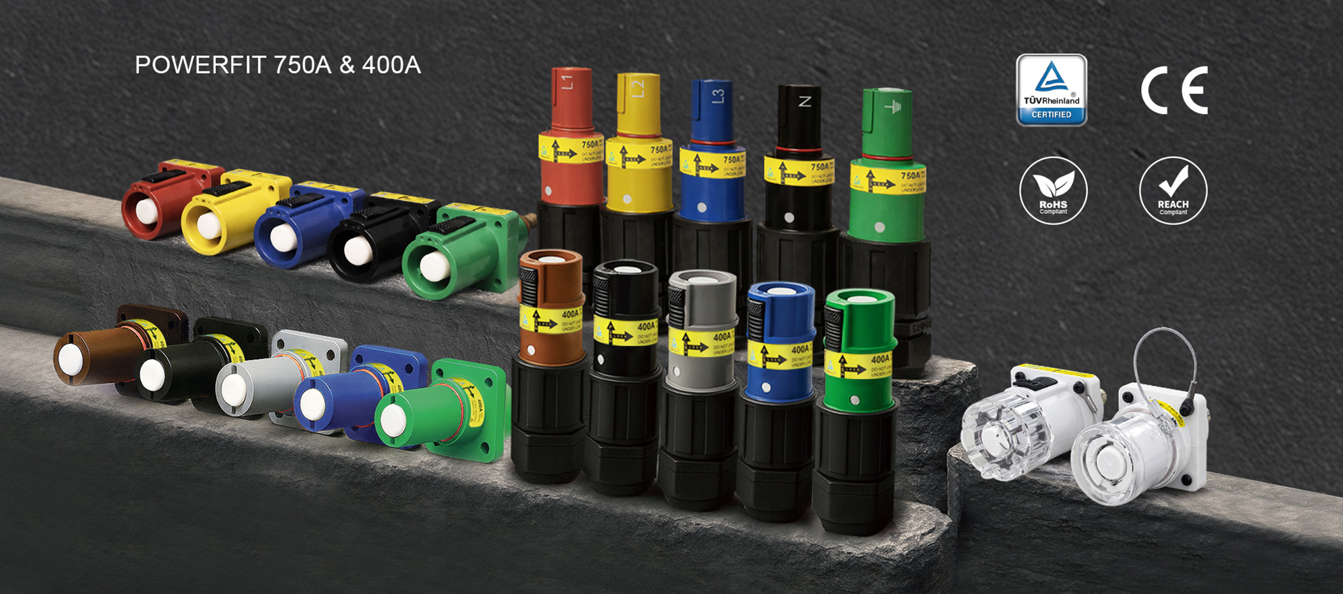 KUPO PowerFit 400A single-pole power connectors showing line source, line drain, panel source, and panel drain configurations